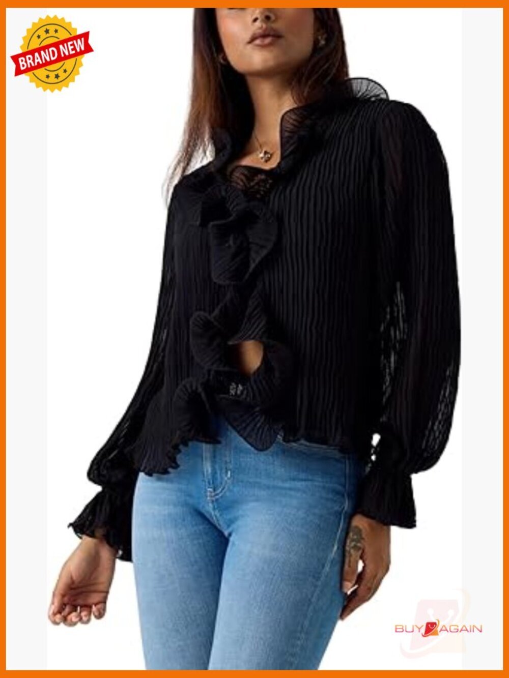 Long Sleeve V-Neck Blouse with Ruffles and Puffed Sleeves